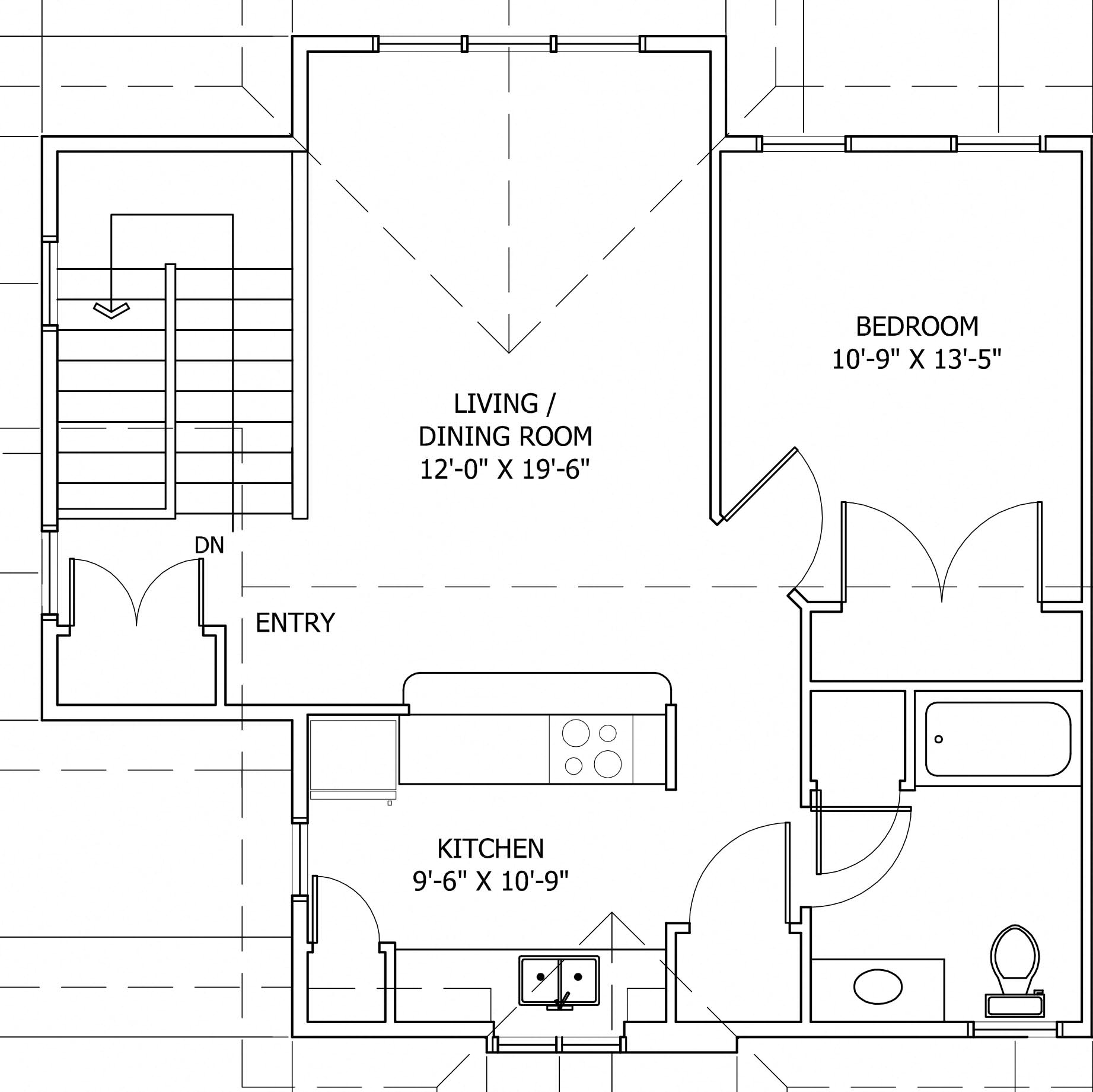 Floor plan for 1 bed, 1 bath, 860 sqft